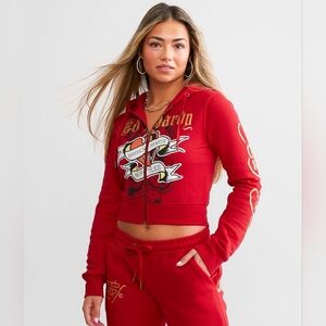 VTG Ed Hardy Red Cropped Zip Up Hoodie - Broken Hearts & Fairy Tales - XL